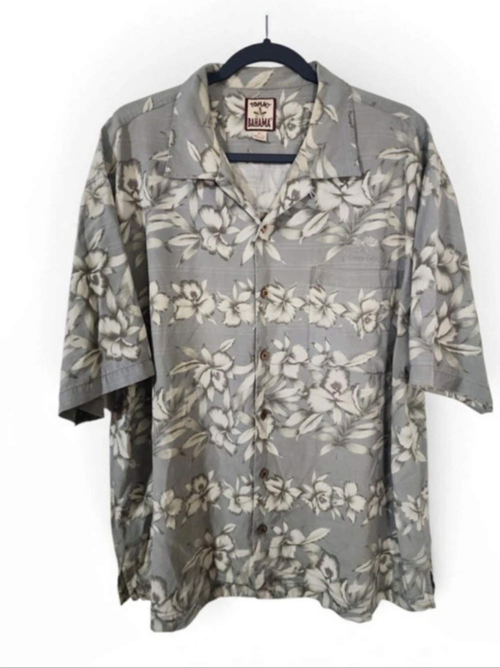 Tommy Bahama 100% Silk Poppy Bay Floral Button-Up Shirt Gray White XL